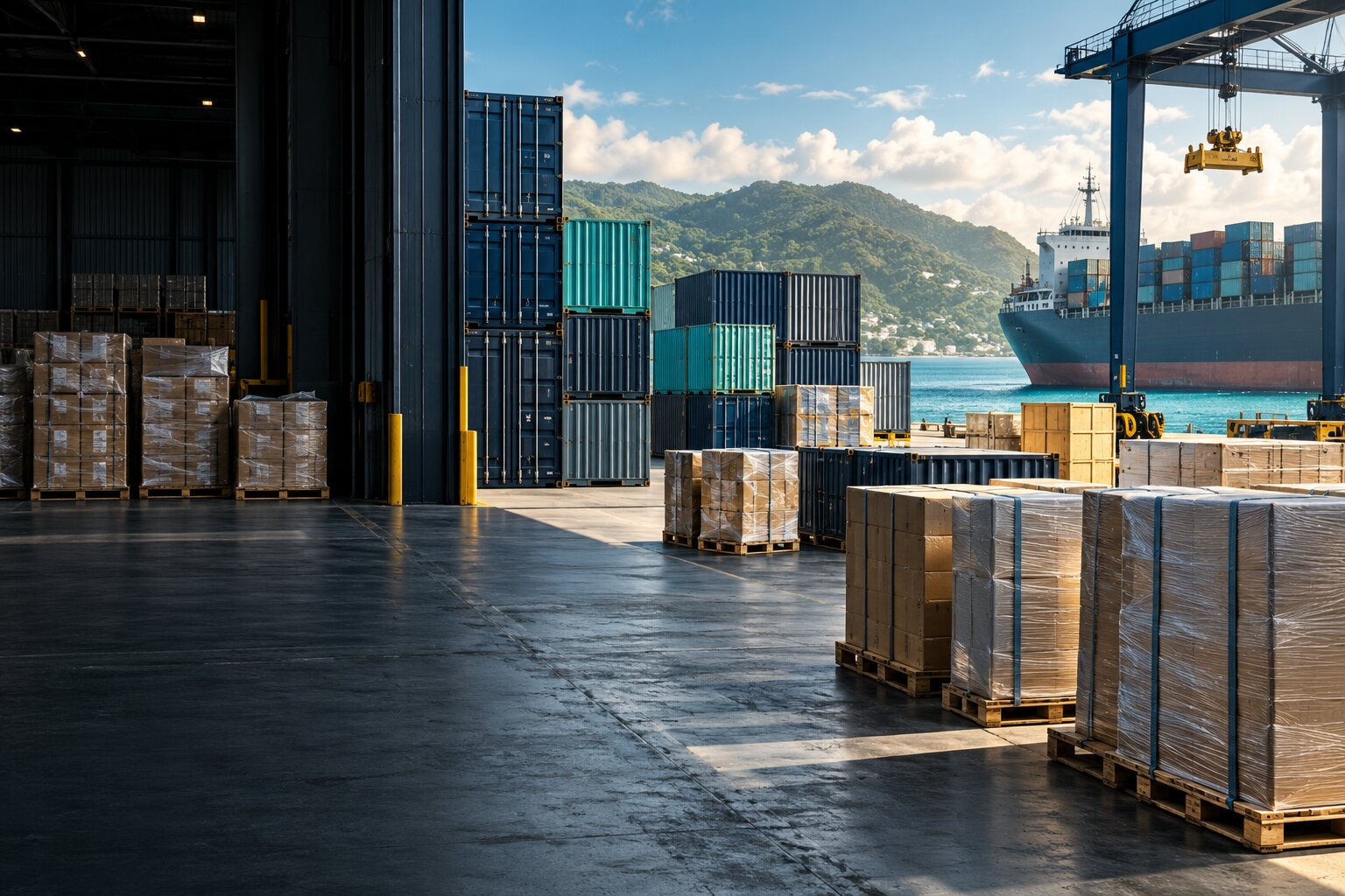 Organized cargo boxes, pallets and shipping containers at an island freight facility